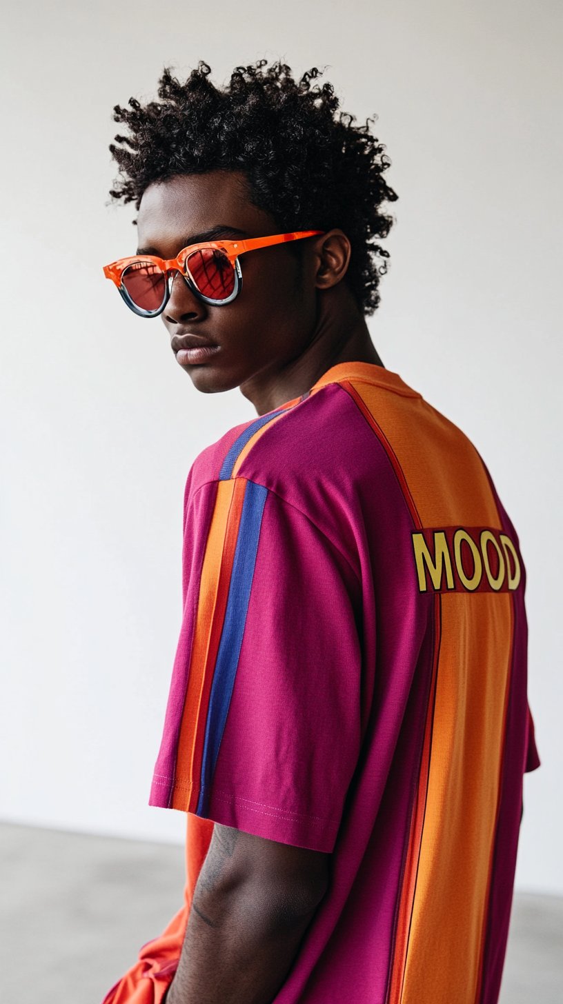 Magenta and orange panelled tee with MOOD shoulder print