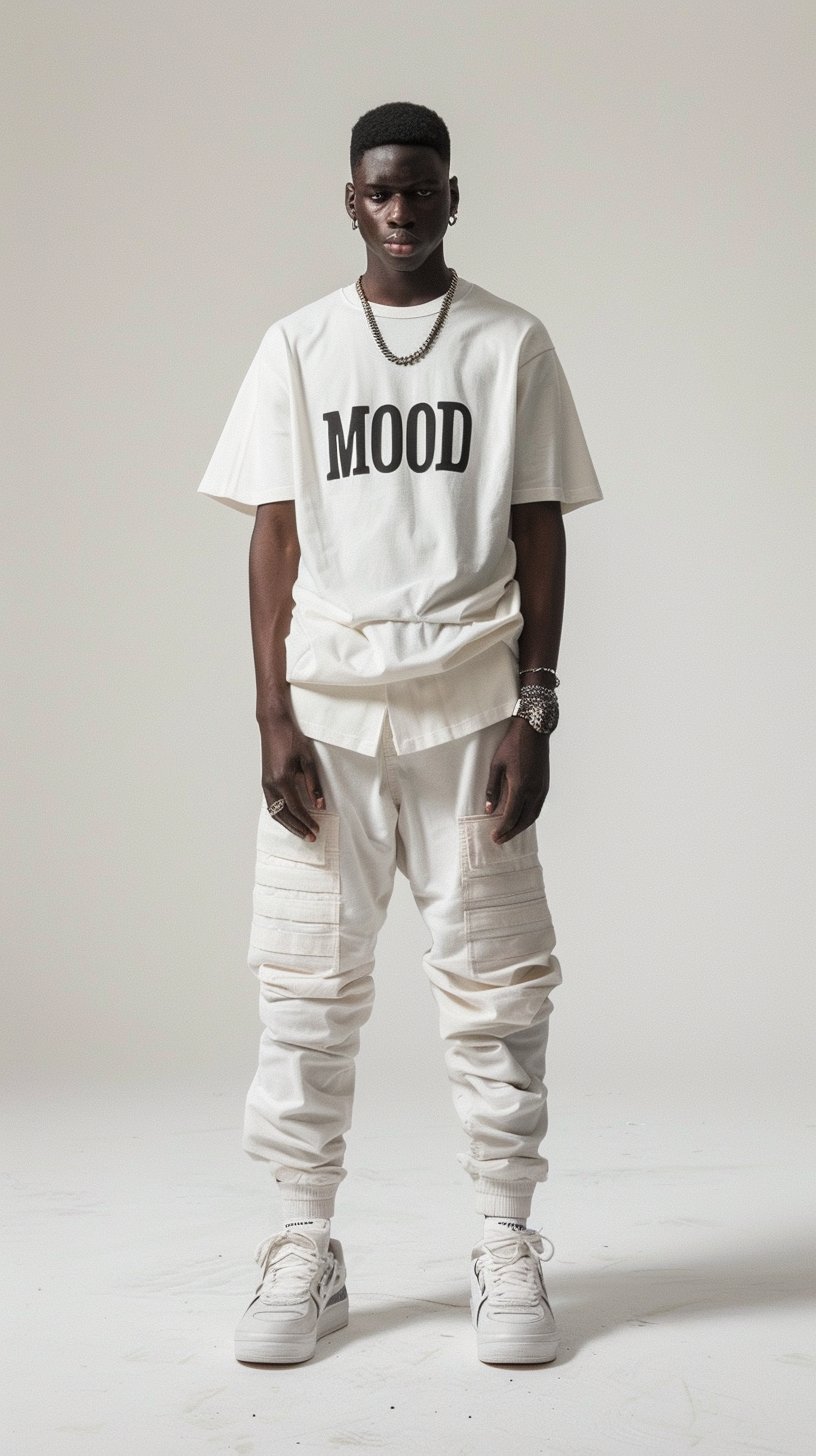 Heavyweight MOOD tee in bone, worn with pleated white trousers