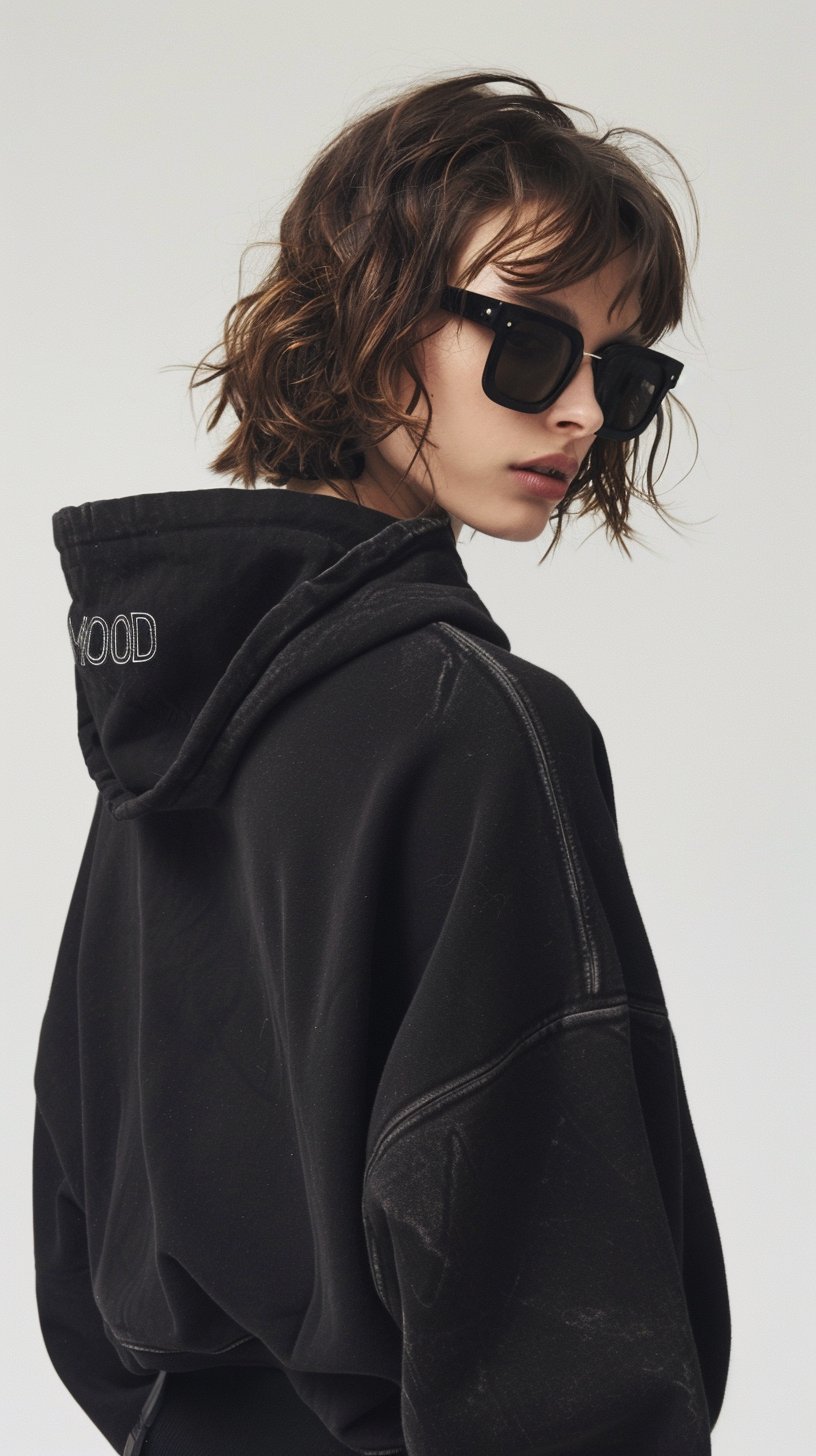 Washed black hoodie in profile with black sunglasses