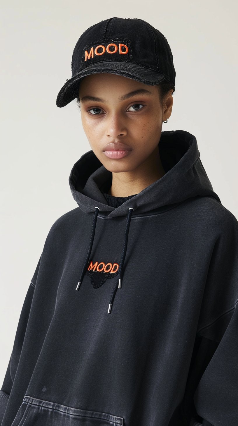 Black cap with embroidered orange MOOD wordmark