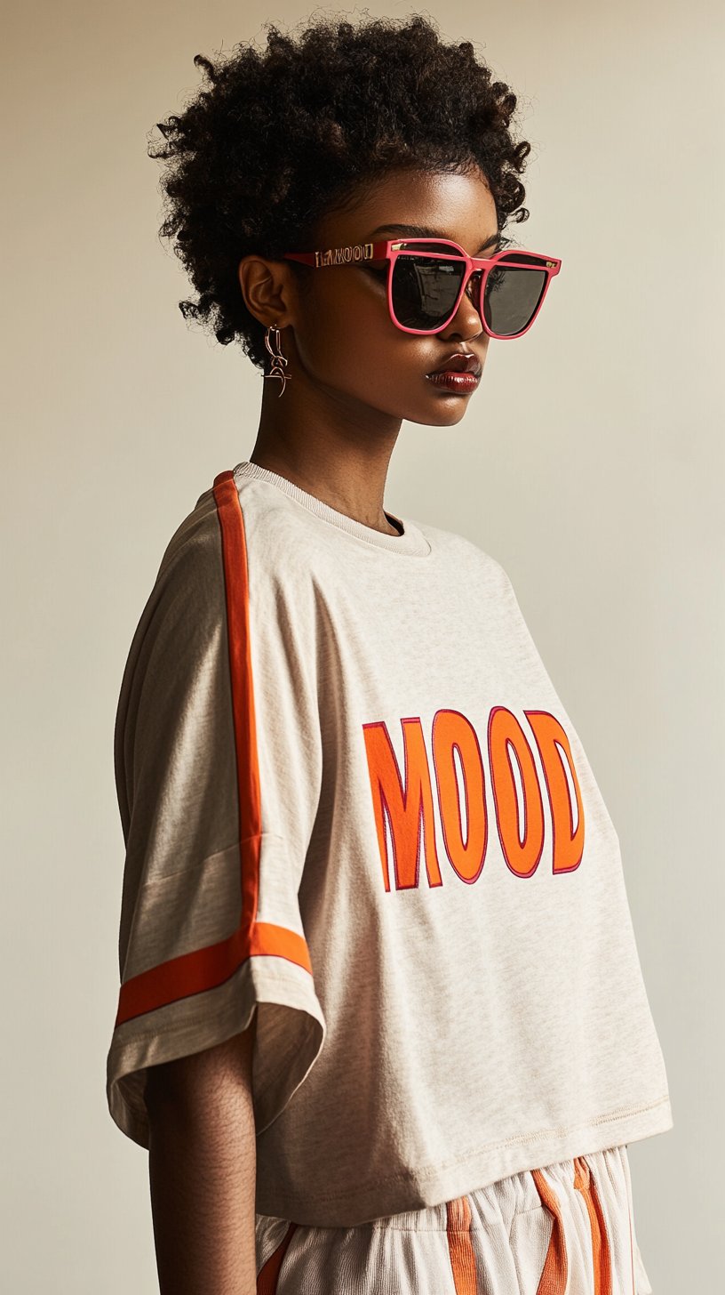 Sand tee with orange MOOD print and taped shoulder seams
