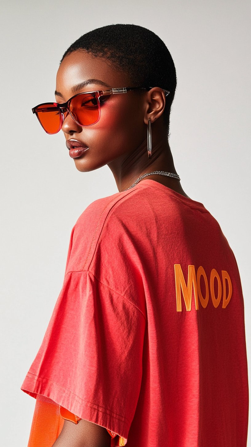 Coral tee with tonal MOOD print and orange-lens sunglasses