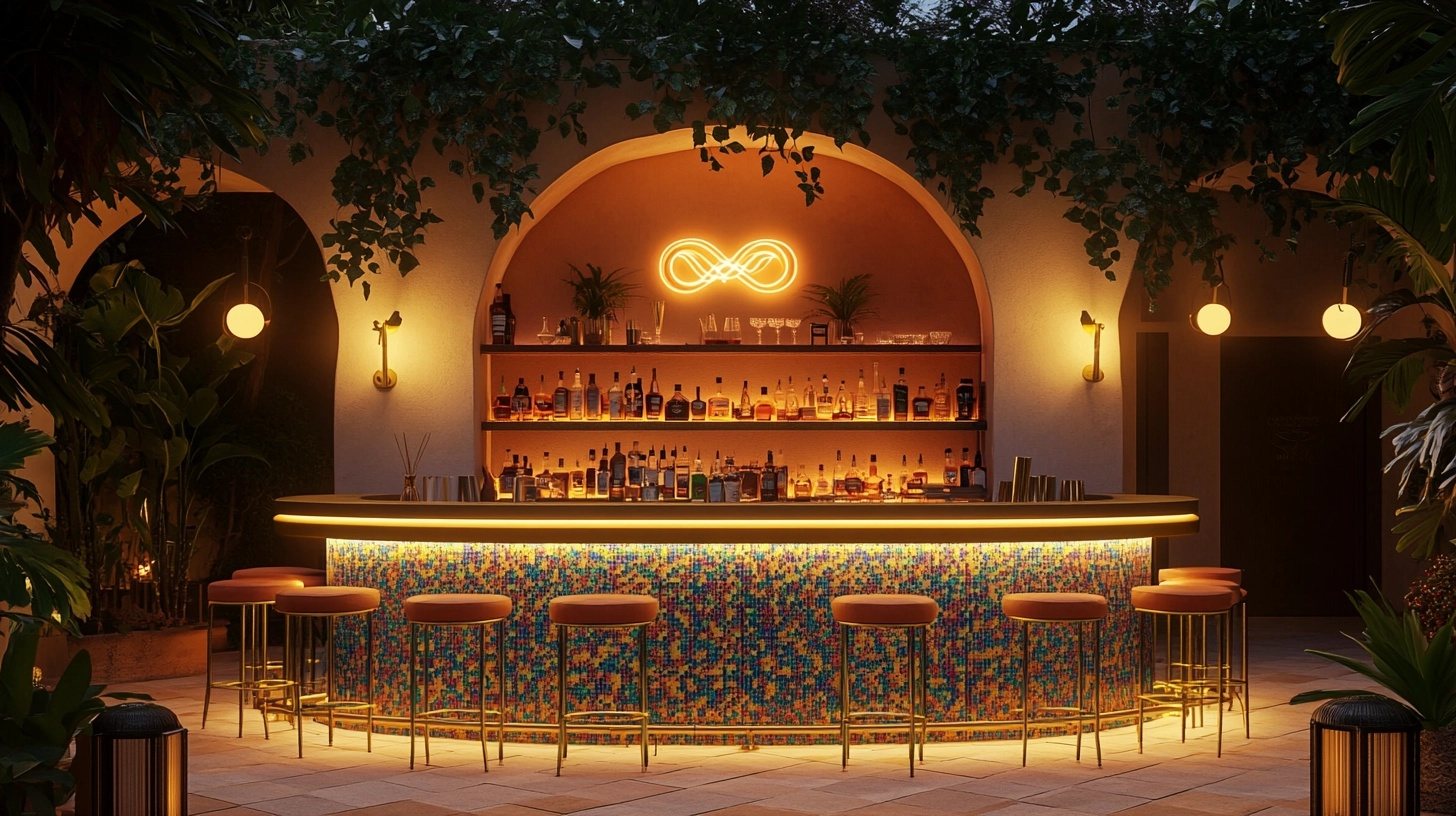 The bar glowing at night beneath the neon mark