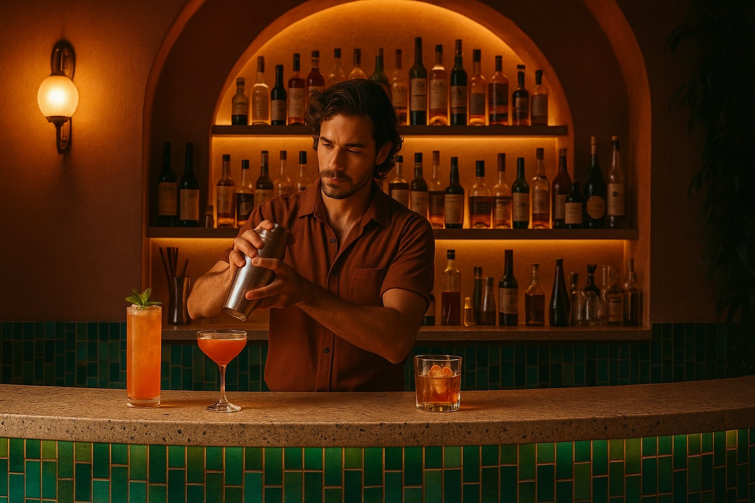 A bartender at work against the arched backbar