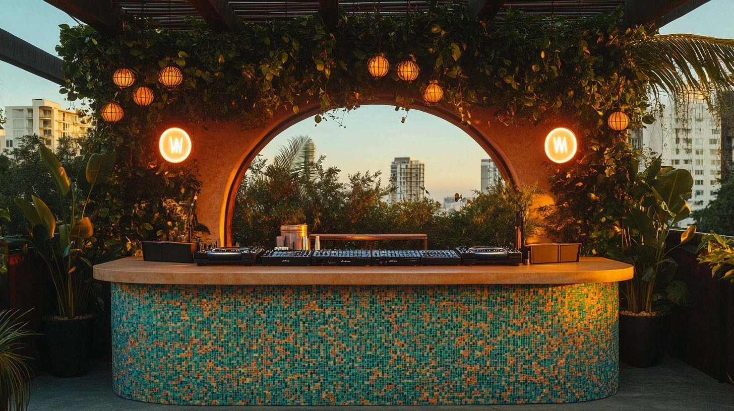 The DJ booth framed in its mosaic arch at dusk